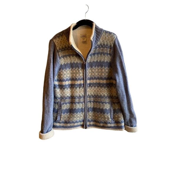 L.L. Bean women’s lambs wool blue Sherpa lined zip front cardigan, size medium ￼ - Picture 1 of 7